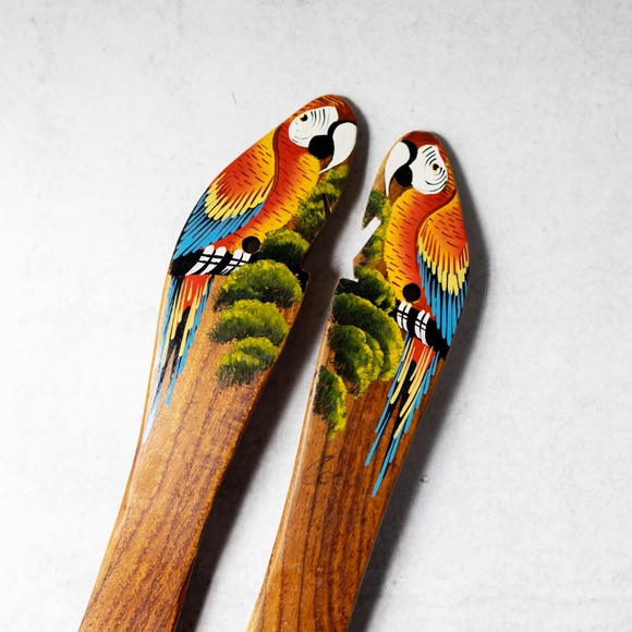 Costa Rica Wood Salad Fork Spoon Wooden Utensils Tongs Parrots 15" long - Picture 2 of 4
